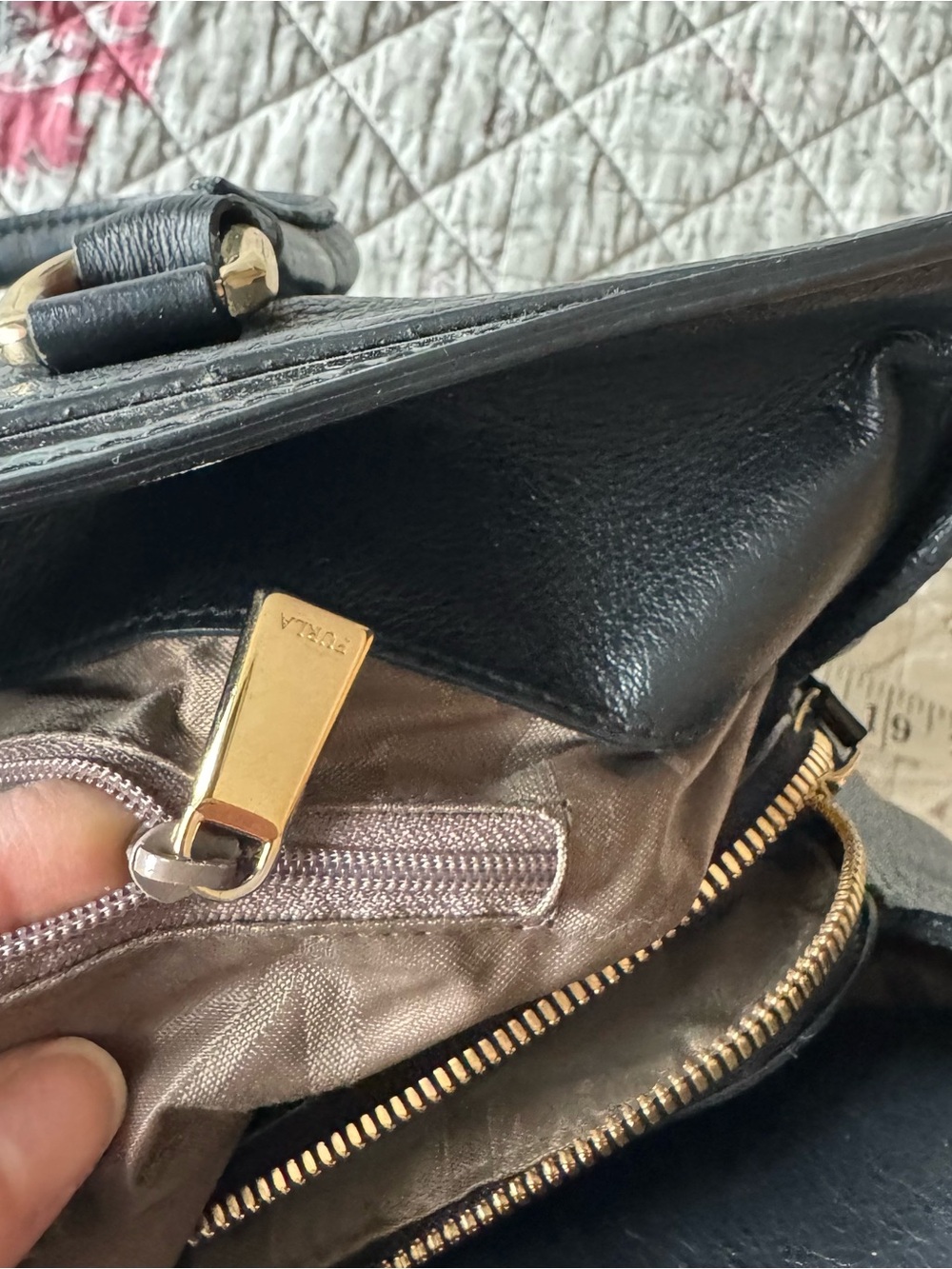 Furla Black Leather Tote Bag Gold Hardware Structured Satchel Purse - Picture 8 of 15